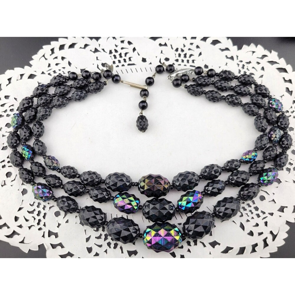Signed W Germany Black Thermoset Lucite AB Spike Bead Waterfall Bib Necklace